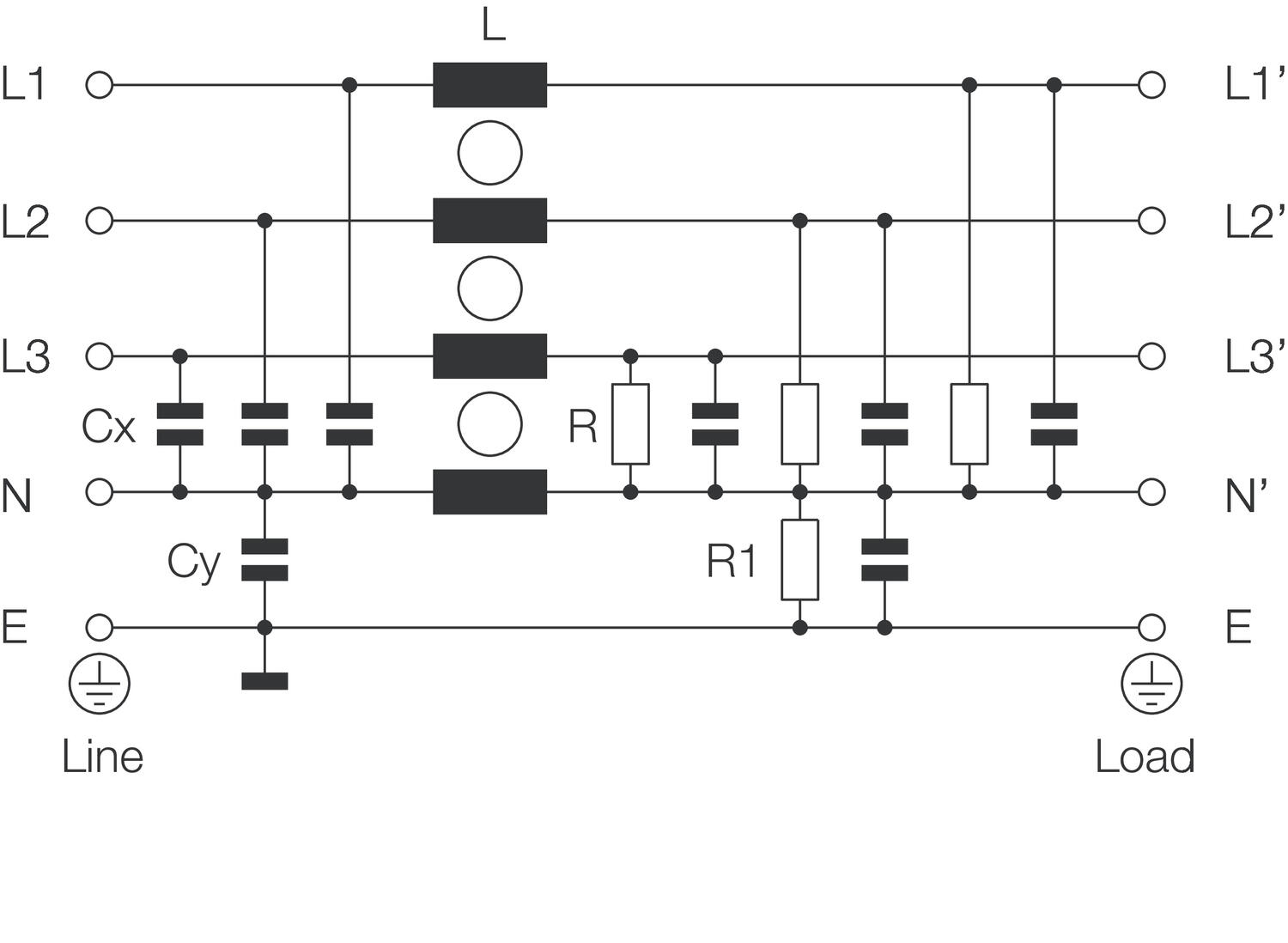 Connecting sketch Mains filter 3-phase+N series FN3256